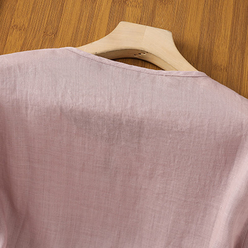 Camisa informal de poliéster con cuello redondo, manga corta y botones de rana para mujer con bordado floral de Buddha Stones - image 18