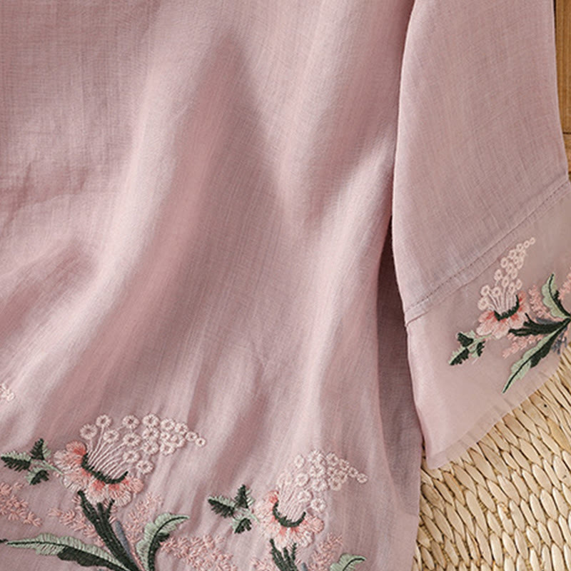 Camisa informal de poliéster con cuello redondo, manga corta y botones de rana para mujer con bordado floral de Buddha Stones - image 20