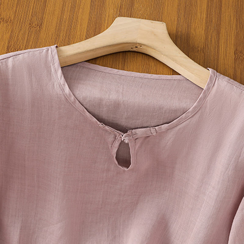 Camisa informal de poliéster con cuello redondo, manga corta y botones de rana para mujer con bordado floral de Buddha Stones - image 19