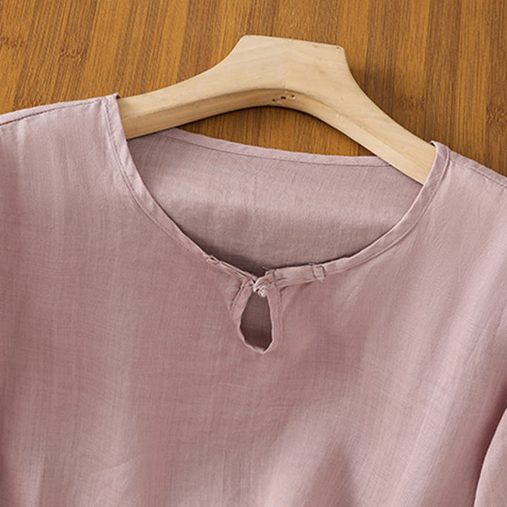 Camisa informal de poliéster con cuello redondo, manga corta y botones de rana para mujer con bordado floral de Buddha Stones - image 19