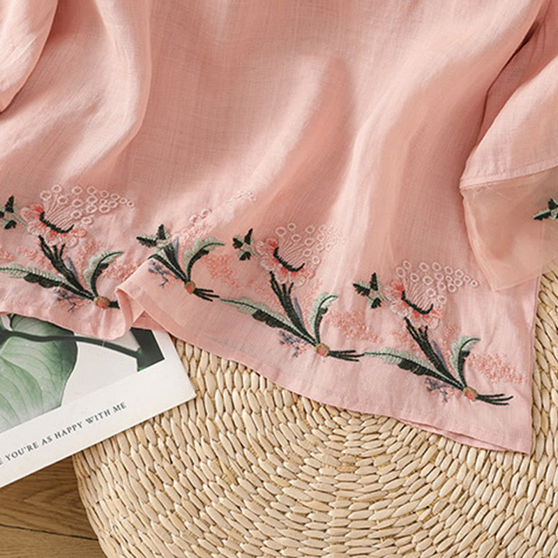 Camisa informal de poliéster con cuello redondo, manga corta y botones de rana para mujer con bordado floral de Buddha Stones - image 27