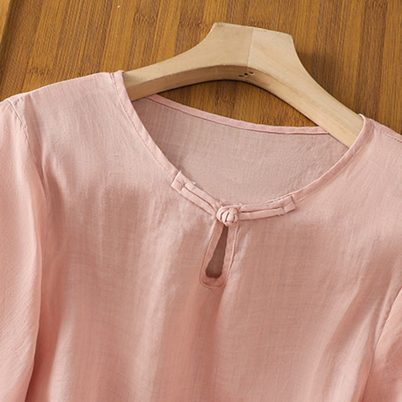 Camisa informal de poliéster con cuello redondo, manga corta y botones de rana para mujer con bordado floral de Buddha Stones - image 24