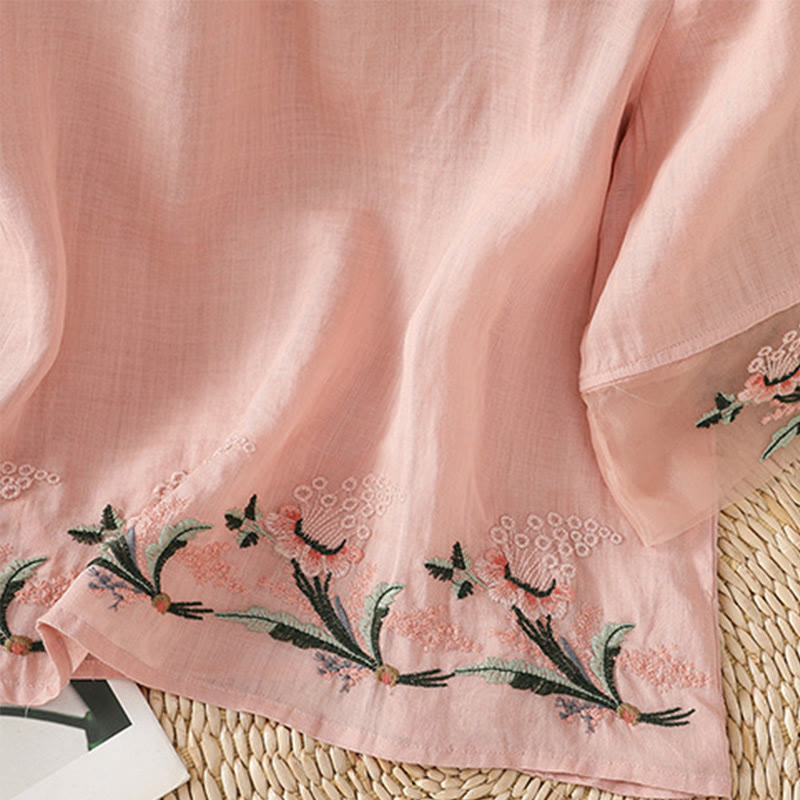 Camisa informal de poliéster con cuello redondo, manga corta y botones de rana para mujer con bordado floral de Buddha Stones - image 26