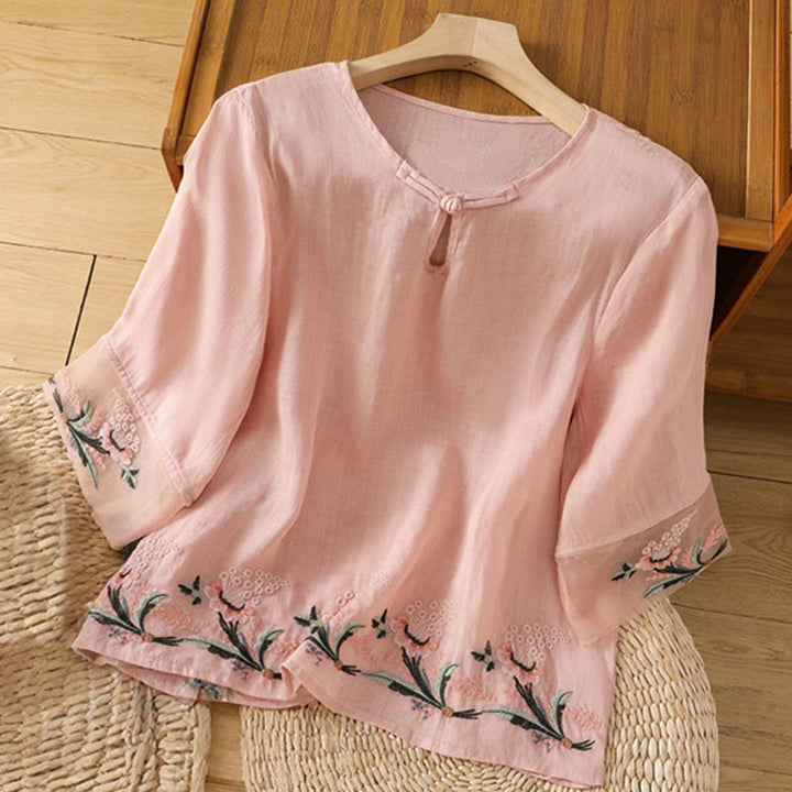 Camisa informal de poliéster con cuello redondo, manga corta y botones de rana para mujer con bordado floral de Buddha Stones - Rosa - US8-10，UK/AU12-14，EU40-42 (2XL) - image 21
