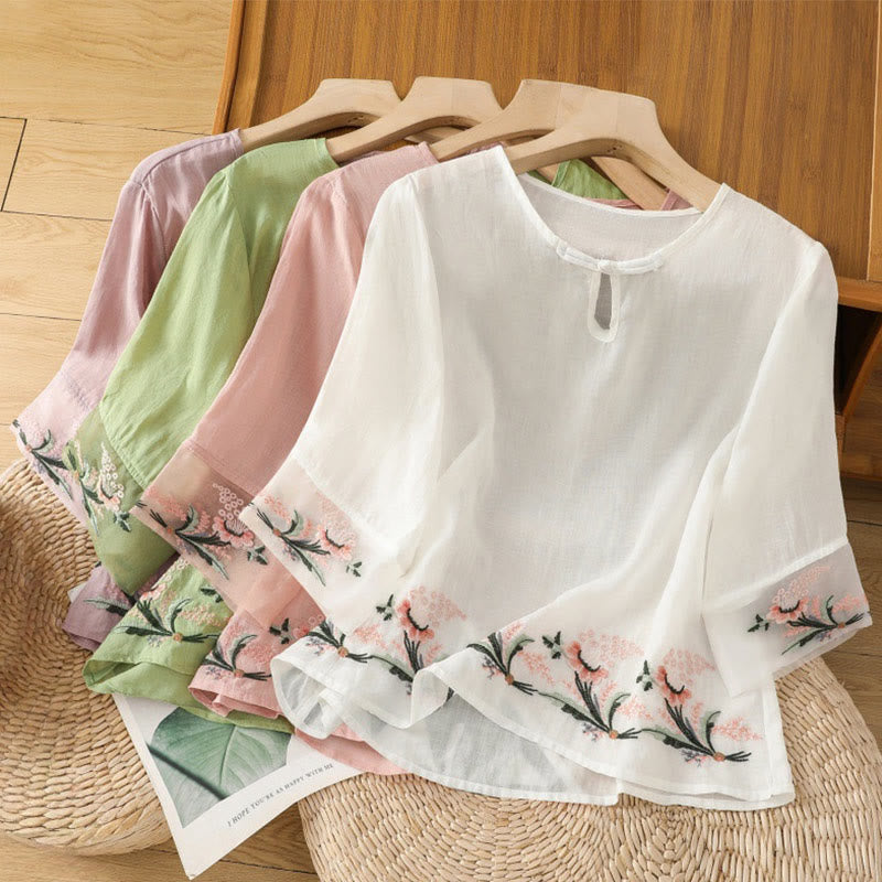 Camisa informal de poliéster con cuello redondo, manga corta y botones de rana para mujer con bordado floral de Buddha Stones - image 28