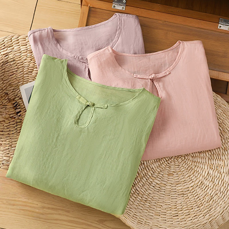 Camisa informal de poliéster con cuello redondo, manga corta y botones de rana para mujer con bordado floral de Buddha Stones - image 29