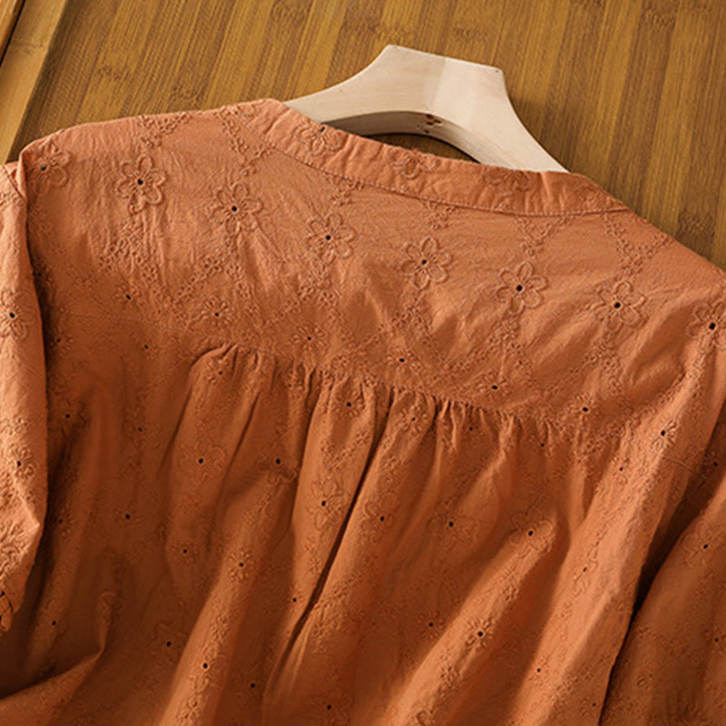 Camisa informal de lino y algodón con muescas huecas y manga corta para mujer con estampado de Buddha Stones - image 3