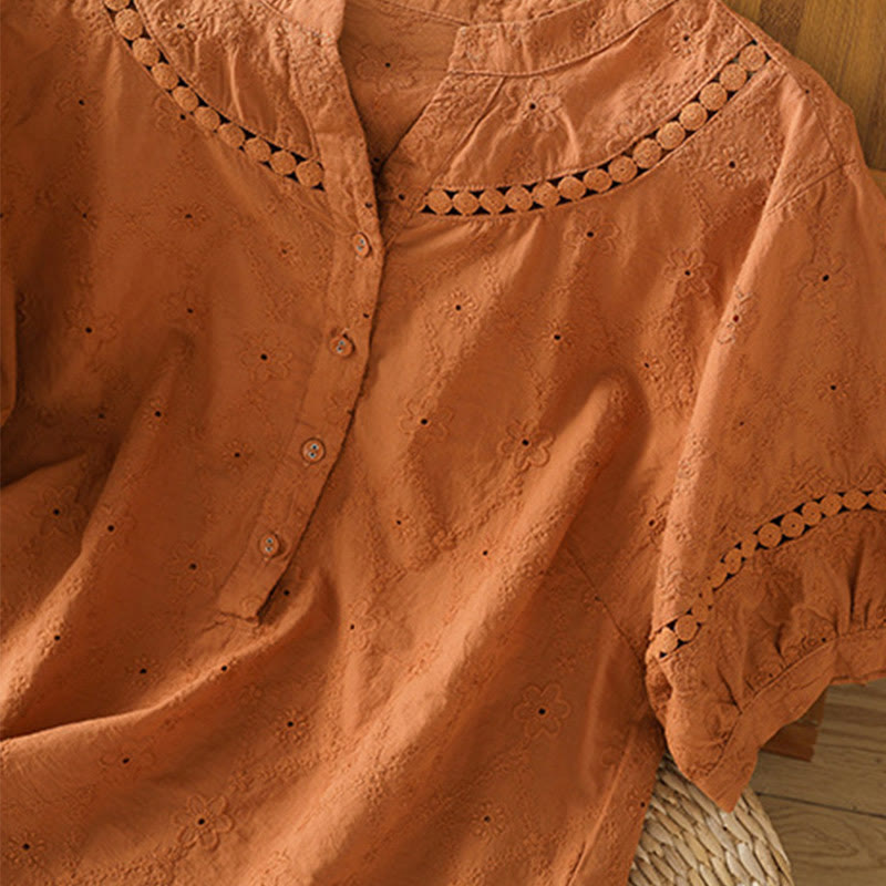 Camisa informal de lino y algodón con muescas huecas y manga corta para mujer con estampado de Buddha Stones - image 4