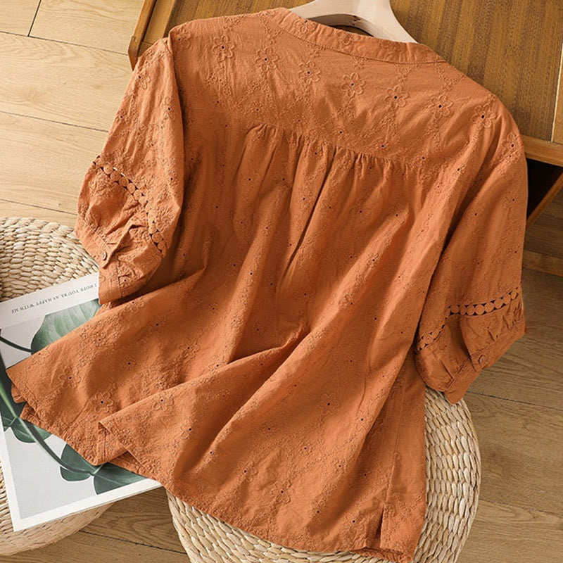 Camisa informal de lino y algodón con muescas huecas y manga corta para mujer con estampado de Buddha Stones - image 1