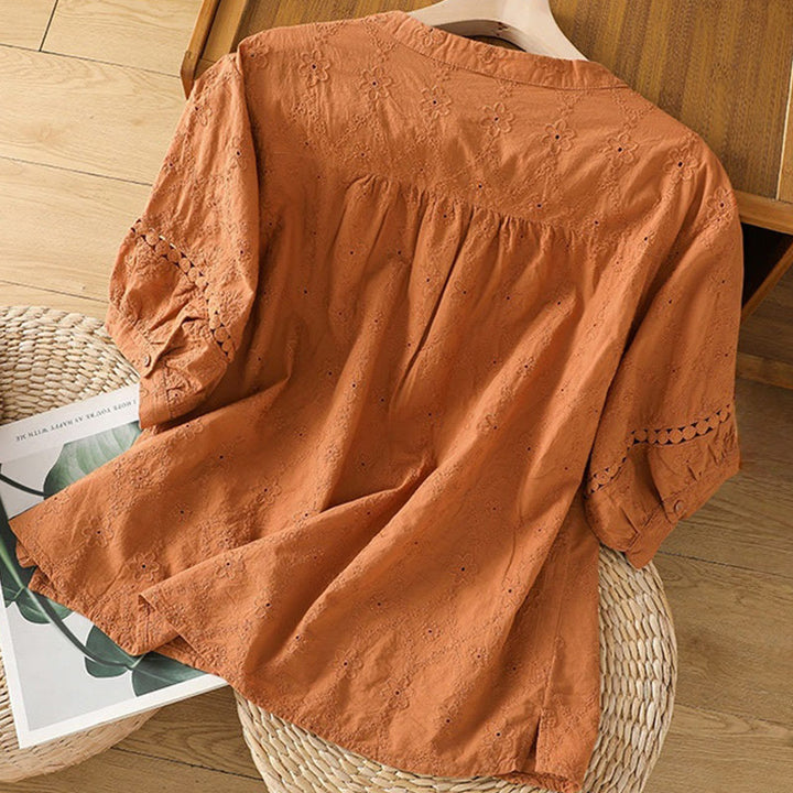 Camisa informal de lino y algodón con muescas huecas y manga corta para mujer con estampado de Buddha Stones - image 1