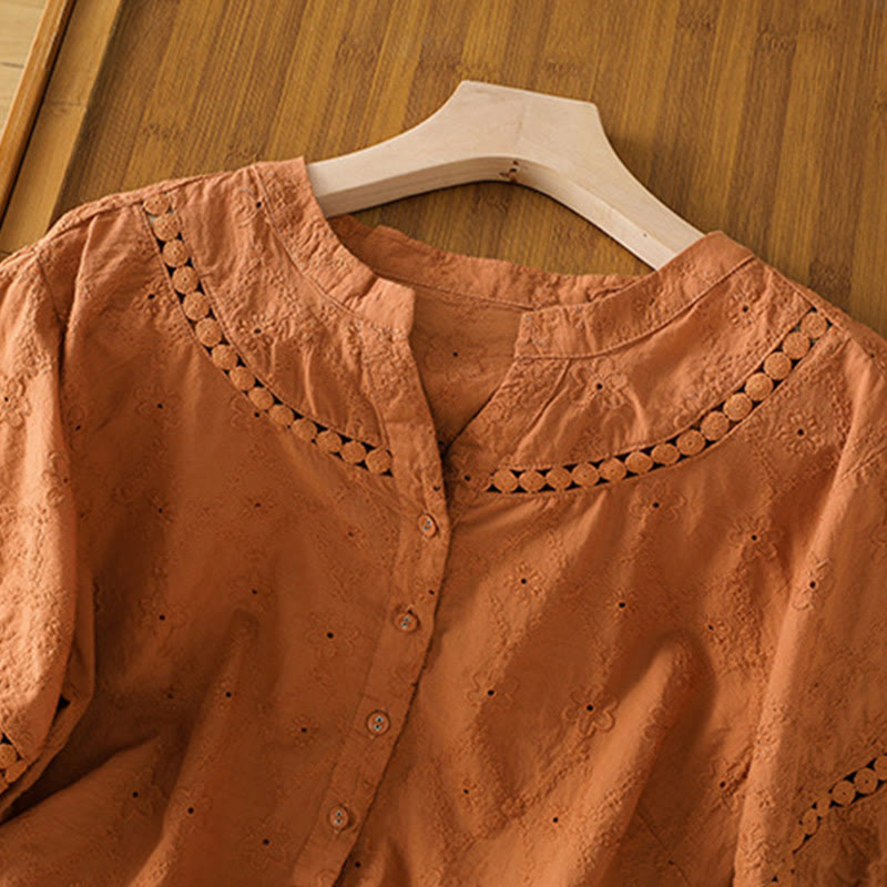 Camisa informal de lino y algodón con muescas huecas y manga corta para mujer con estampado de Buddha Stones - image 2