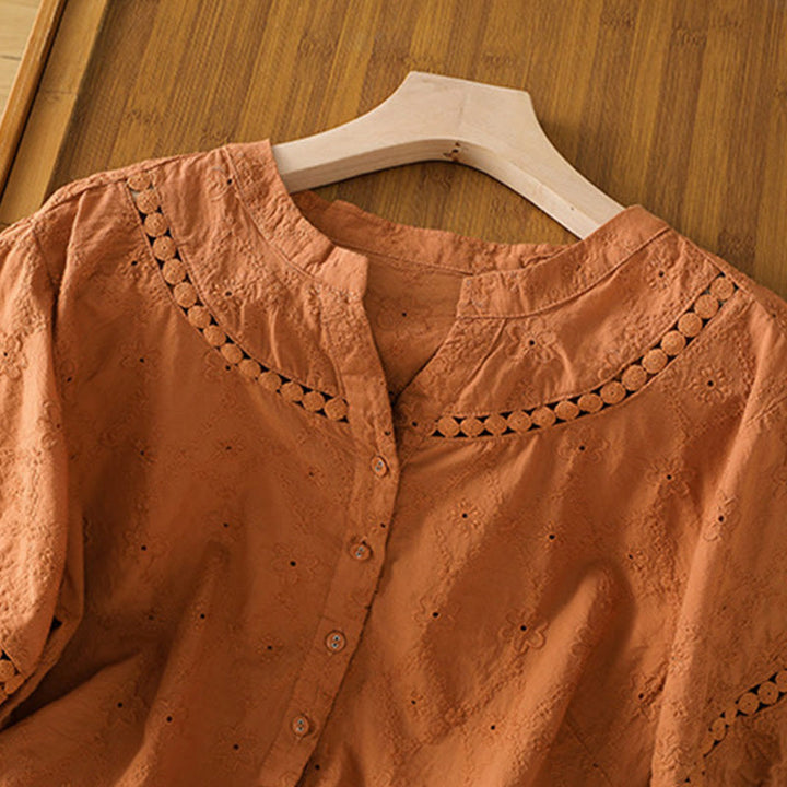 Camisa informal de lino y algodón con muescas huecas y manga corta para mujer con estampado de Buddha Stones - image 2