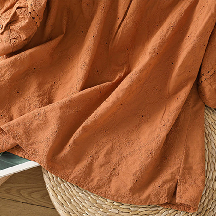 Camisa informal de lino y algodón con muescas huecas y manga corta para mujer con estampado de Buddha Stones - image 5