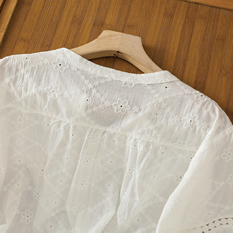 Camisa informal de lino y algodón con muescas huecas y manga corta para mujer con estampado de Buddha Stones - image 10