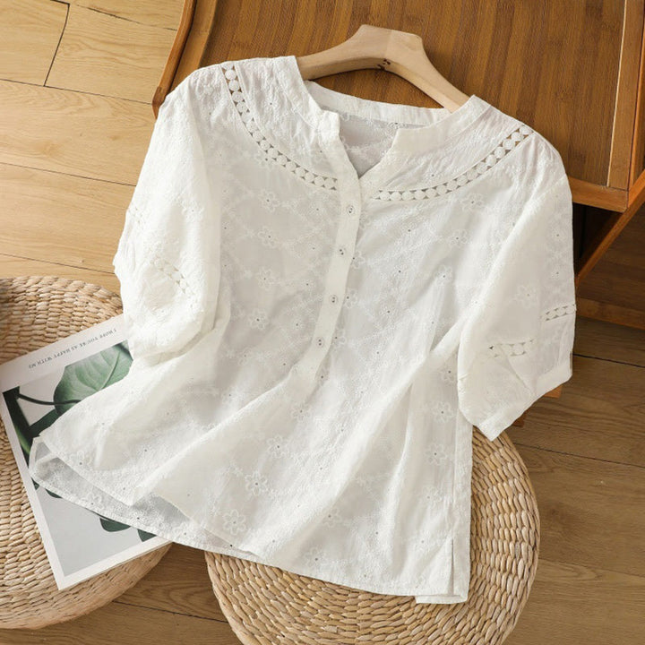 Camisa informal de lino y algodón con muescas huecas y manga corta para mujer con estampado de Buddha Stones - Blanco - US8-10，UK/AU12-14，EU40-42 (2XL) - image 7