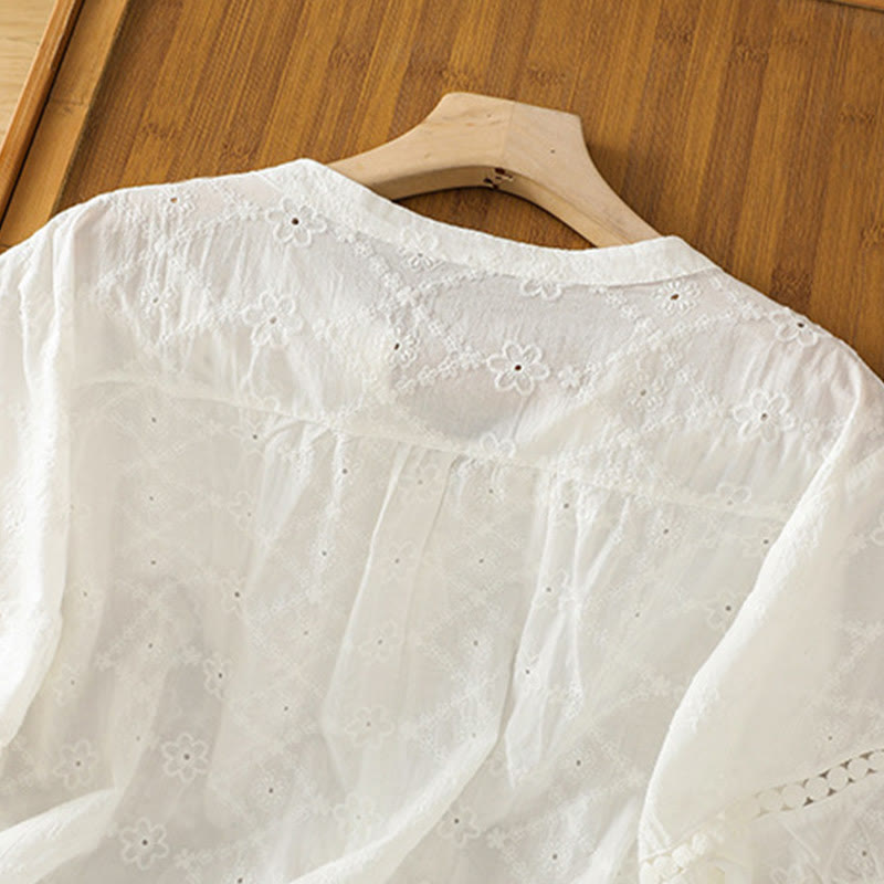 Camisa informal de lino y algodón con muescas huecas y manga corta para mujer con estampado de Buddha Stones - image 12