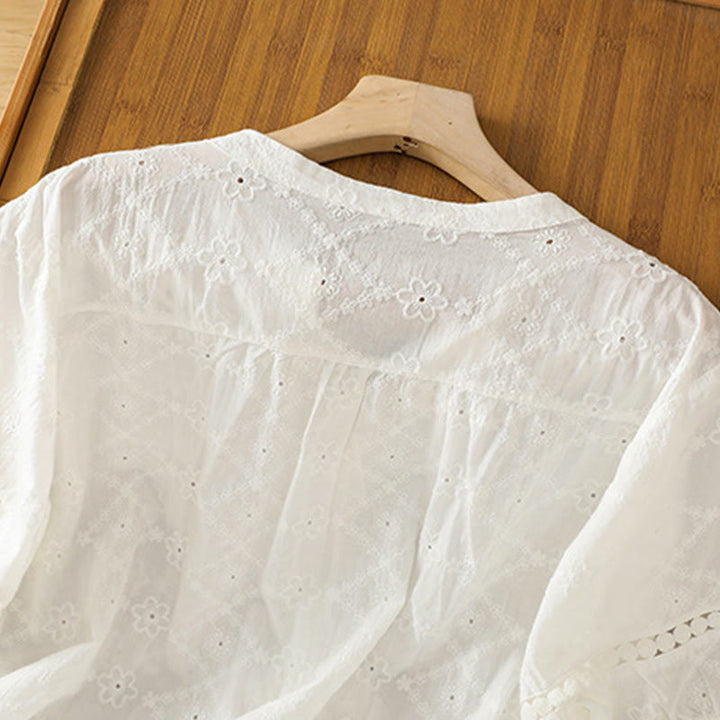 Camisa informal de lino y algodón con muescas huecas y manga corta para mujer con estampado de Buddha Stones - image 12