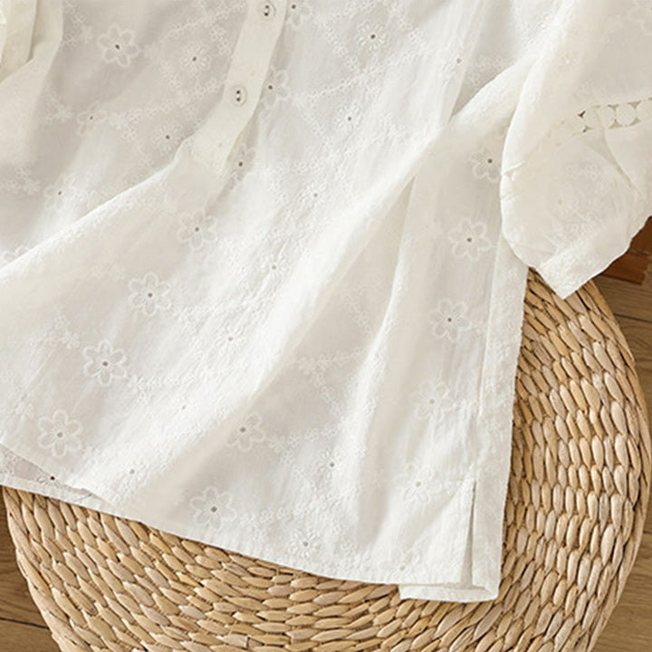 Camisa informal de lino y algodón con muescas huecas y manga corta para mujer con estampado de Buddha Stones - image 13