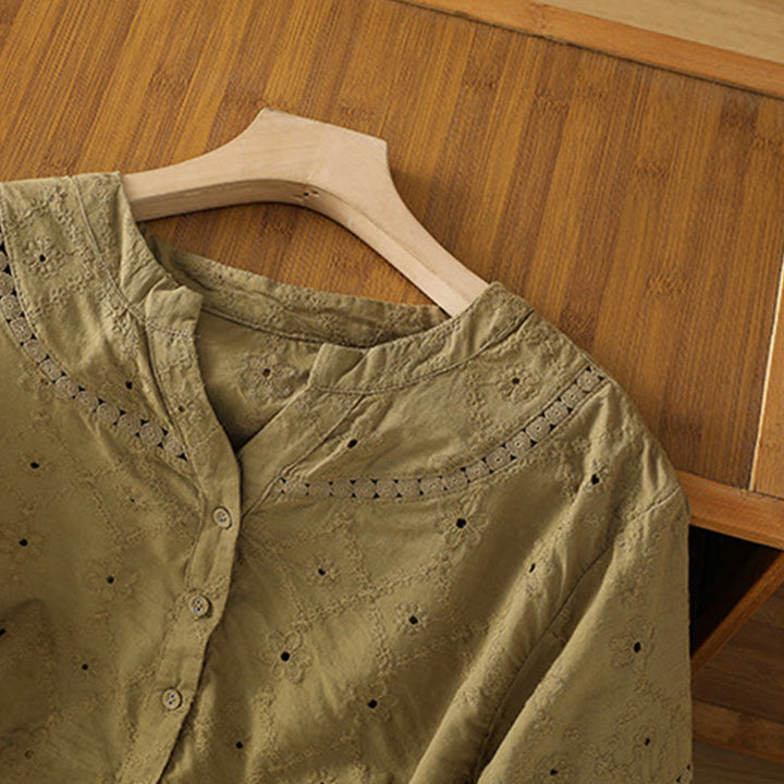 Camisa informal de lino y algodón con muescas huecas y manga corta para mujer con estampado de Buddha Stones - image 18