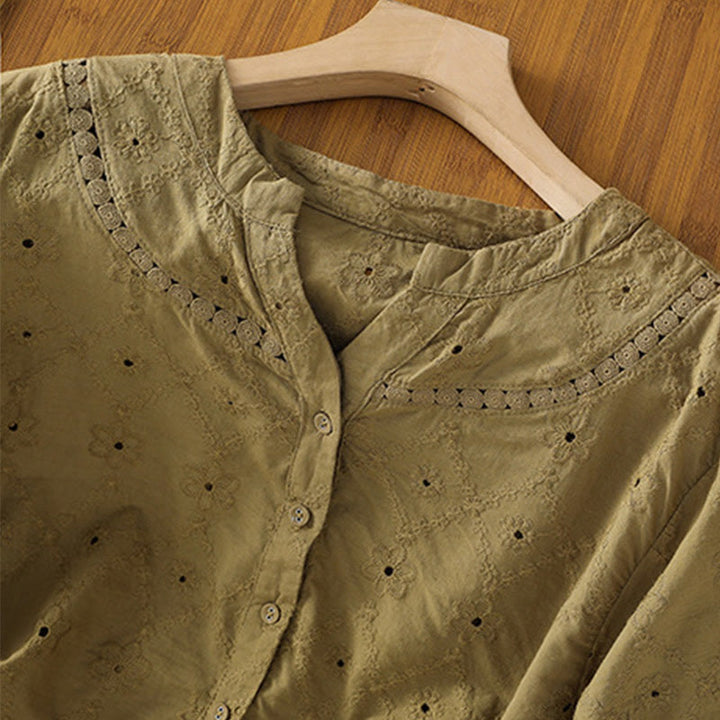 Camisa informal de lino y algodón con muescas huecas y manga corta para mujer con estampado de Buddha Stones - image 19