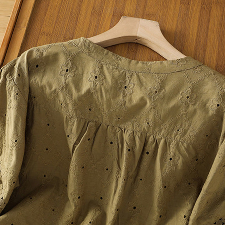 Camisa informal de lino y algodón con muescas huecas y manga corta para mujer con estampado de Buddha Stones - image 20