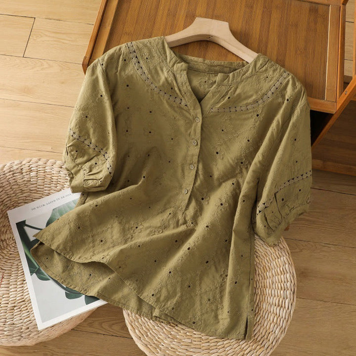 Camisa informal de lino y algodón con muescas huecas y manga corta para mujer con estampado de Buddha Stones - Caqui oscuro - US8-10，UK/AU12-14，EU40-42 (2XL) - image 16