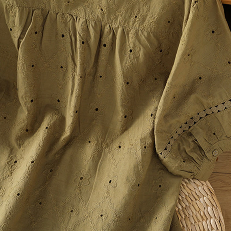 Camisa informal de lino y algodón con muescas huecas y manga corta para mujer con estampado de Buddha Stones - image 22