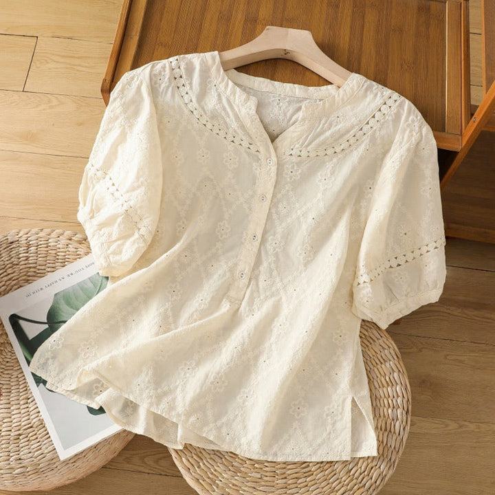 Camisa informal de lino y algodón con muescas huecas y manga corta para mujer con estampado de Buddha Stones - Amarillo claro - US8-10，UK/AU12-14，EU40-42 (2XL) - image 24