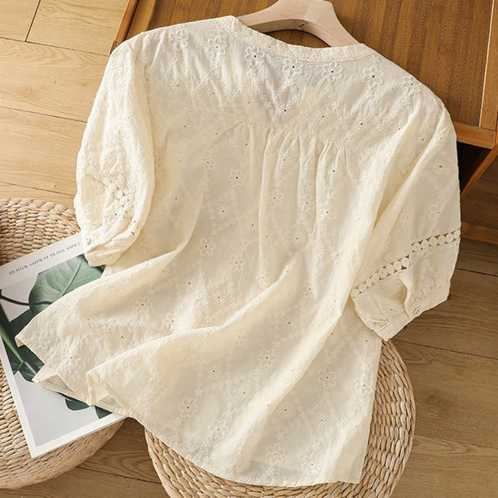 Camisa informal de lino y algodón con muescas huecas y manga corta para mujer con estampado de Buddha Stones - image 29