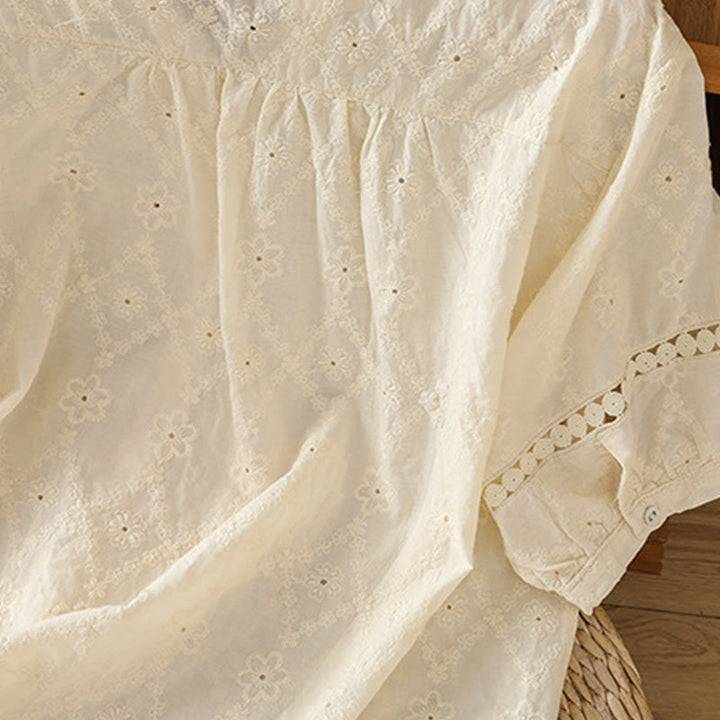 Camisa informal de lino y algodón con muescas huecas y manga corta para mujer con estampado de Buddha Stones - image 28