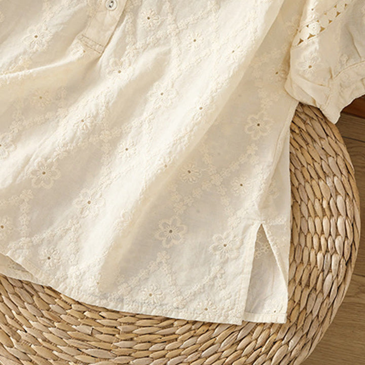 Camisa informal de lino y algodón con muescas huecas y manga corta para mujer con estampado de Buddha Stones - image 30