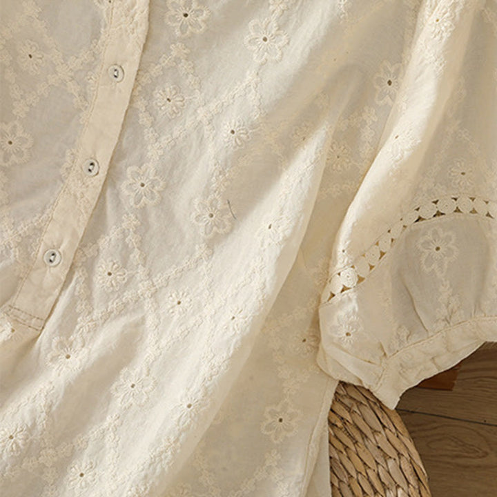 Camisa informal de lino y algodón con muescas huecas y manga corta para mujer con estampado de Buddha Stones - image 27