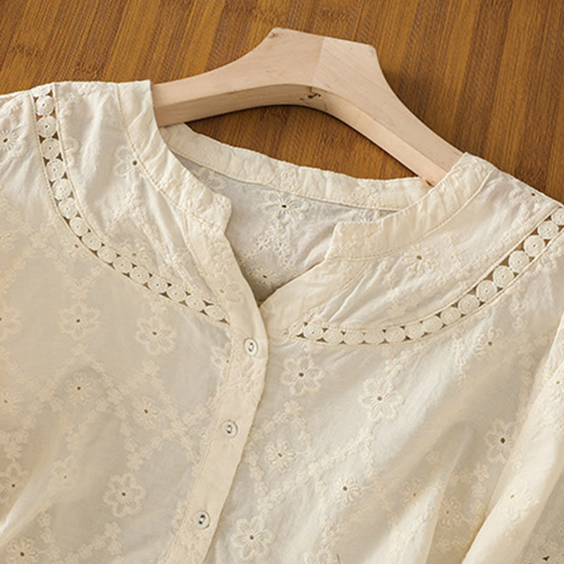 Camisa informal de lino y algodón con muescas huecas y manga corta para mujer con estampado de Buddha Stones - image 25