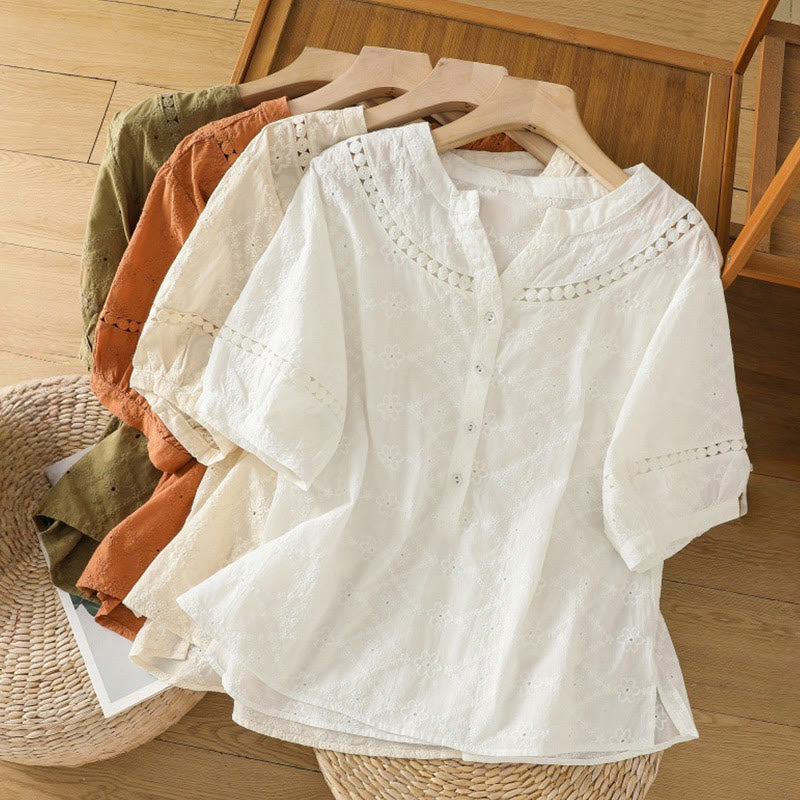 Camisa informal de lino y algodón con muescas huecas y manga corta para mujer con estampado de Buddha Stones - image 32