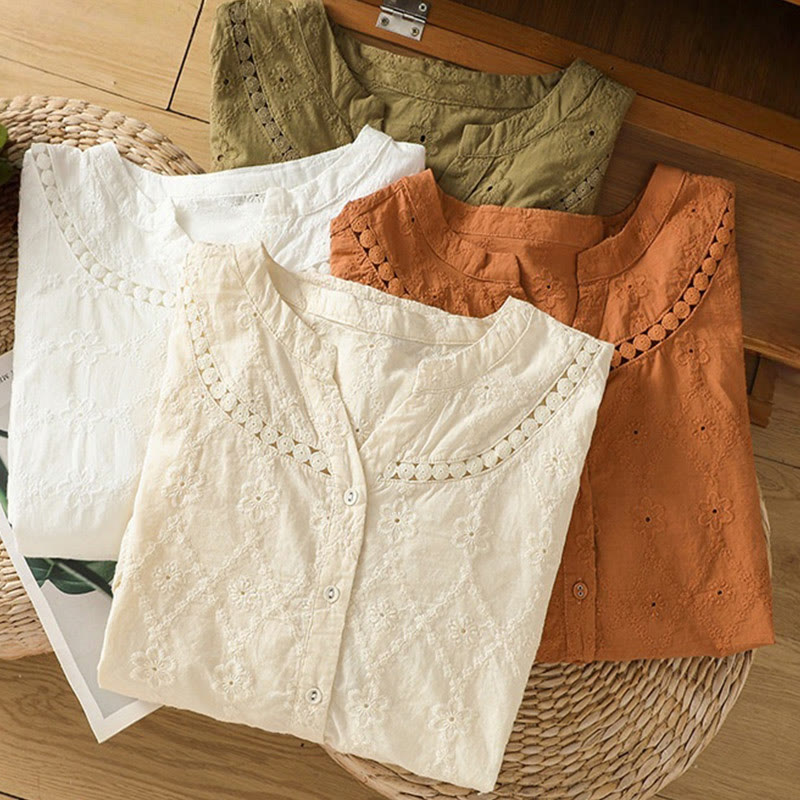 Camisa informal de lino y algodón con muescas huecas y manga corta para mujer con estampado de Buddha Stones - image 31