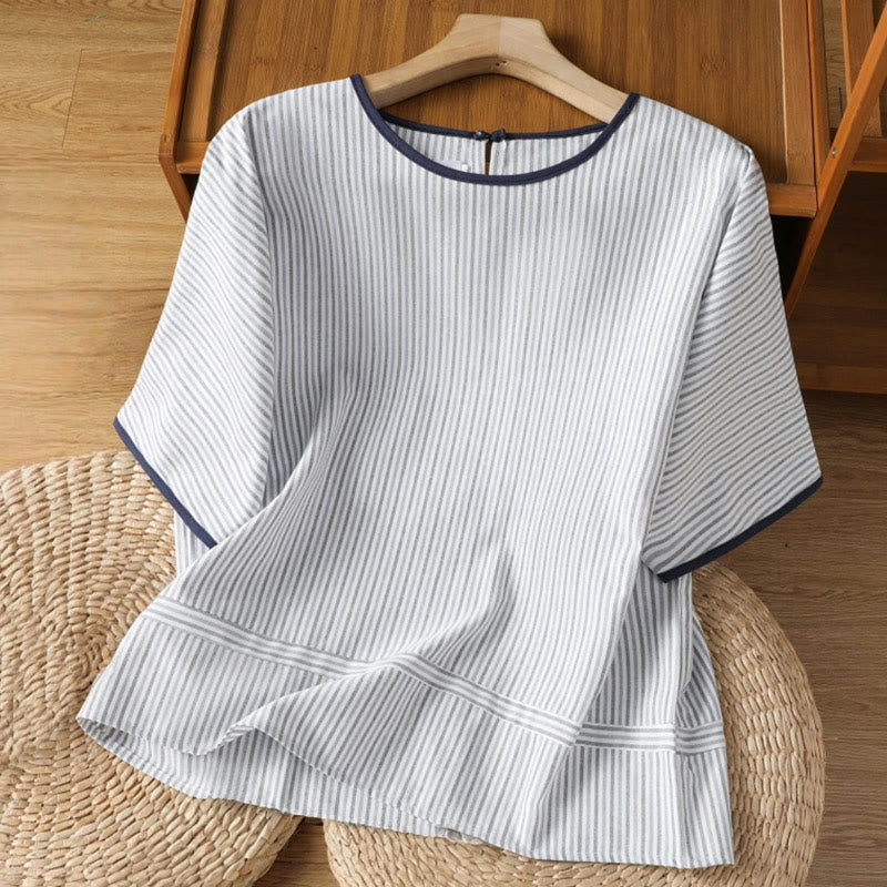 Camisa de algodón de manga corta para mujer con diseño de rayas y cuello redondo de Buddha Stones - Azul claro - US8-10，UK/AU12-14，EU40-42 (2XL) - image 0