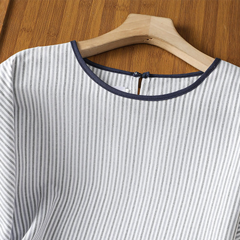 Camisa de algodón de manga corta para mujer con diseño de rayas y cuello redondo de Buddha Stones - image 2