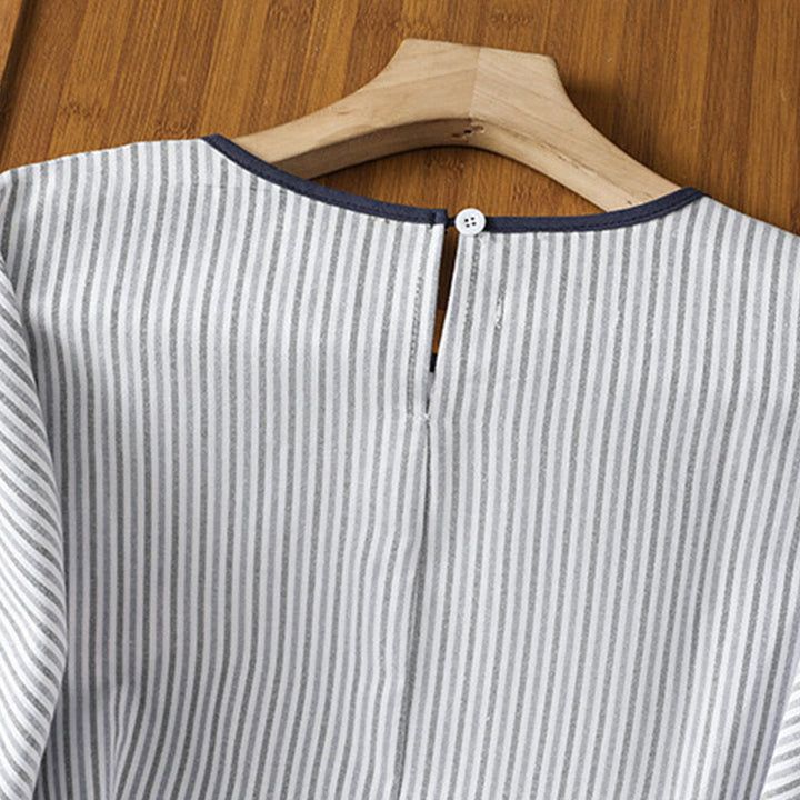 Camisa de algodón de manga corta para mujer con diseño de rayas y cuello redondo de Buddha Stones - image 3