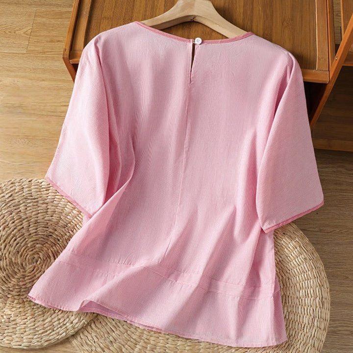 Camisa de algodón de manga corta para mujer con diseño de rayas y cuello redondo de Buddha Stones - image 7