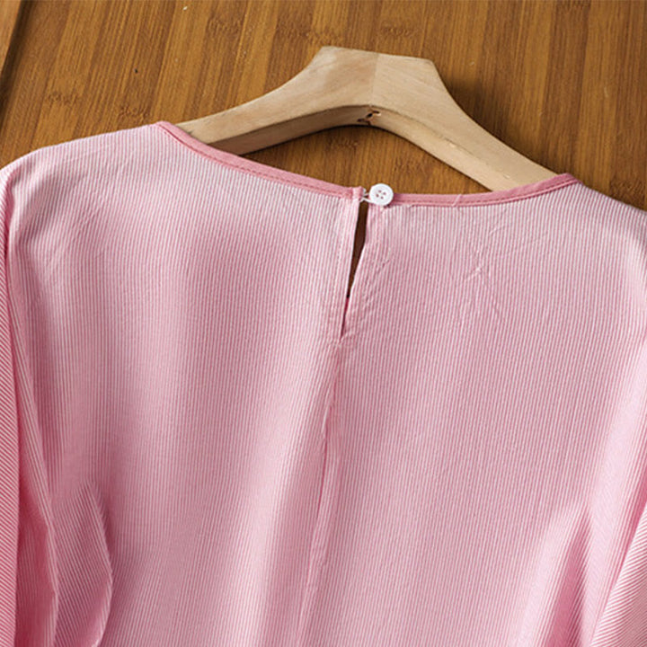 Camisa de algodón de manga corta para mujer con diseño de rayas y cuello redondo de Buddha Stones - image 9