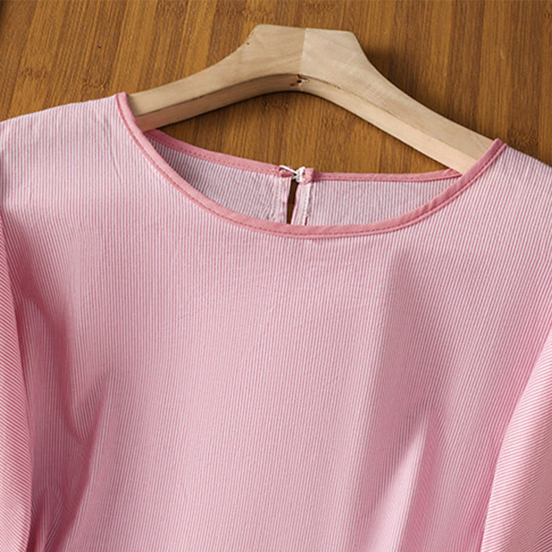 Camisa de algodón de manga corta para mujer con diseño de rayas y cuello redondo de Buddha Stones - image 8