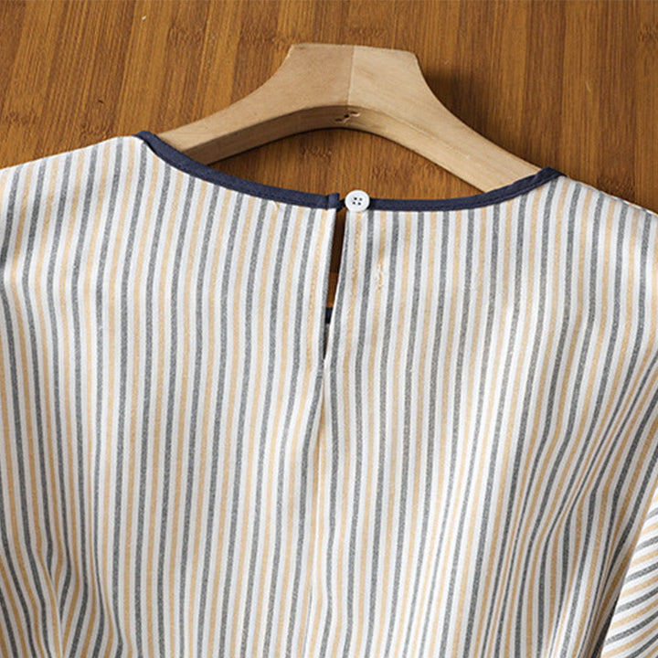 Camisa de algodón de manga corta para mujer con diseño de rayas y cuello redondo de Buddha Stones - image 16