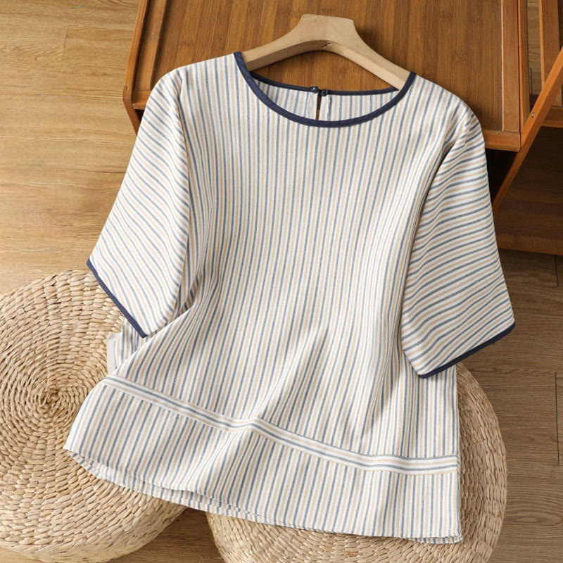 Camisa de algodón de manga corta para mujer con diseño de rayas y cuello redondo de Buddha Stones - Blanco - US8-10，UK/AU12-14，EU40-42 (2XL) - image 13