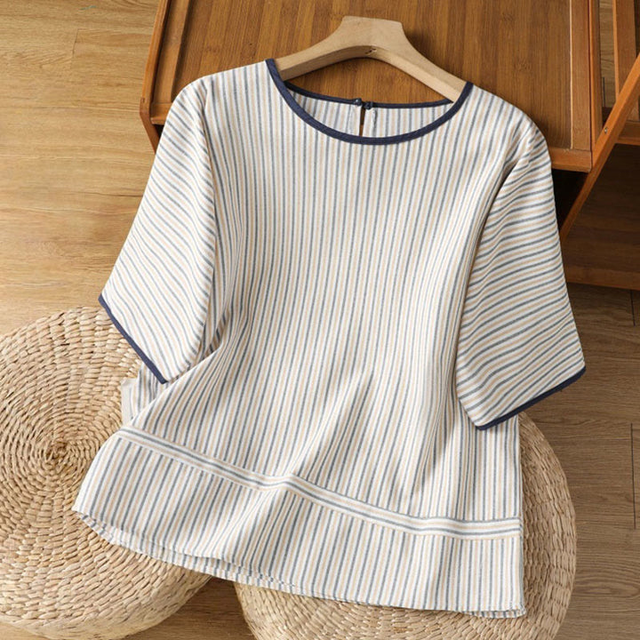 Camisa de algodón de manga corta para mujer con diseño de rayas y cuello redondo de Buddha Stones - Blanco - US8-10，UK/AU12-14，EU40-42 (2XL) - image 13