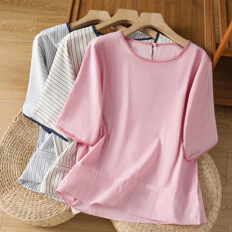 Camisa de algodón de manga corta para mujer con diseño de rayas y cuello redondo de Buddha Stones - image 20