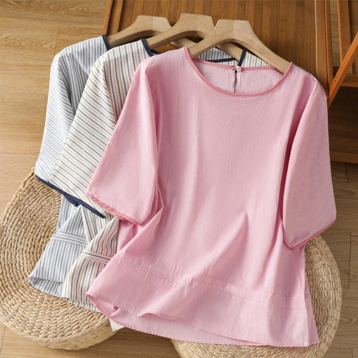 Camisa de algodón de manga corta para mujer con diseño de rayas y cuello redondo de Buddha Stones - image 20