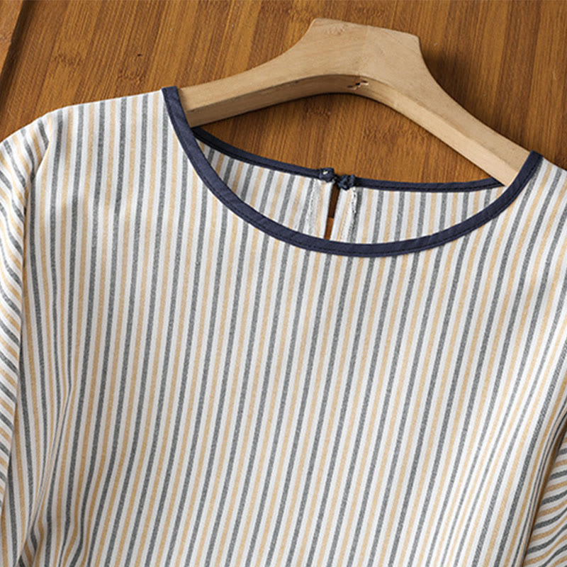 Camisa de algodón de manga corta para mujer con diseño de rayas y cuello redondo de Buddha Stones - image 15