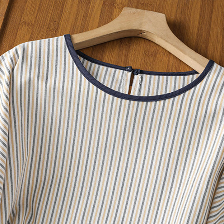 Camisa de algodón de manga corta para mujer con diseño de rayas y cuello redondo de Buddha Stones - image 15