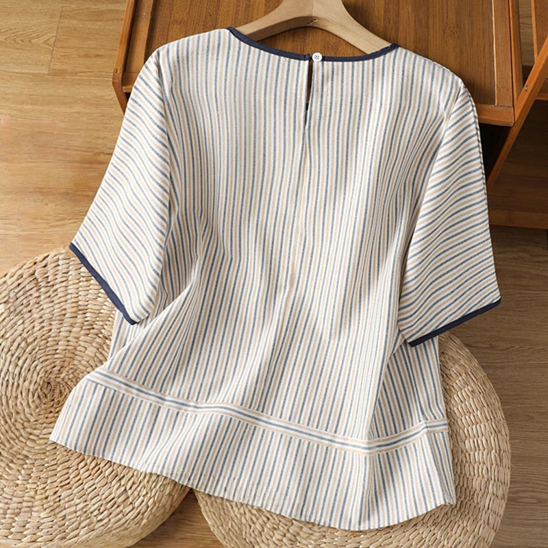 Camisa de algodón de manga corta para mujer con diseño de rayas y cuello redondo de Buddha Stones - image 14