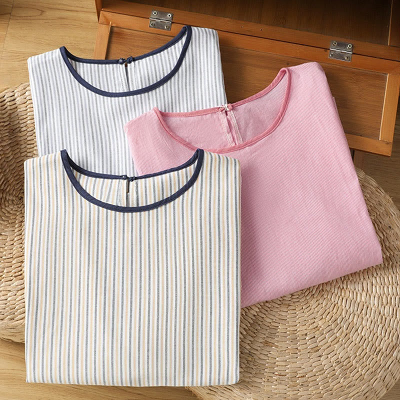 Camisa de algodón de manga corta para mujer con diseño de rayas y cuello redondo de Buddha Stones - image 19